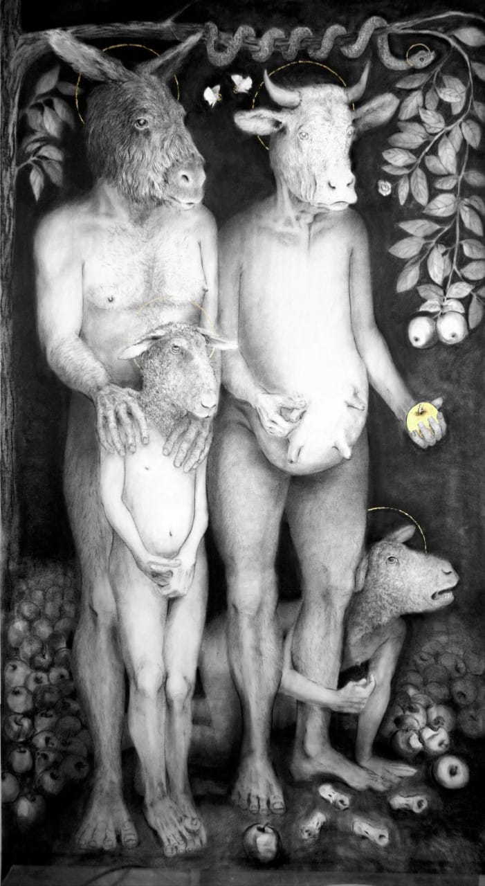 Holy Cow & the Donkey – The Naivety Drawings by Pete Codling — Charcoal and gold leaf on paper