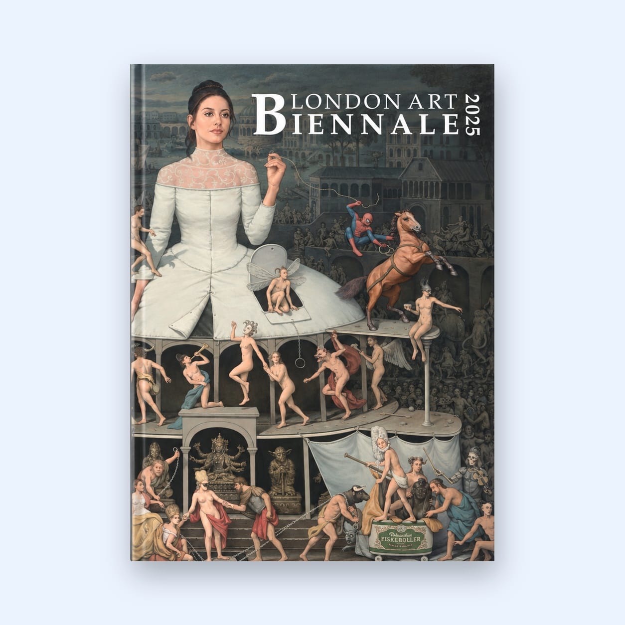 The London Art Biennale 2025 catalogue, a hardback, standing against a pale blue ground.