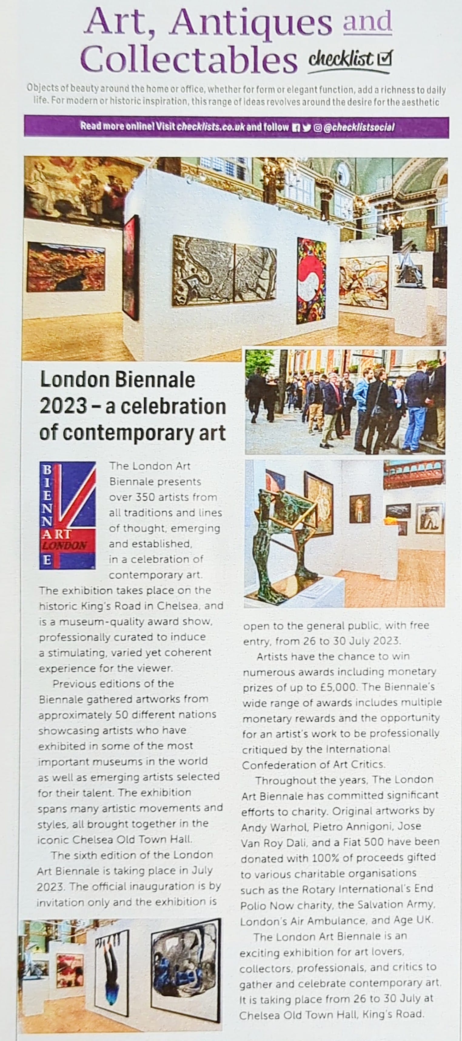 The London Biennale 2023 feature across the magazine page.
