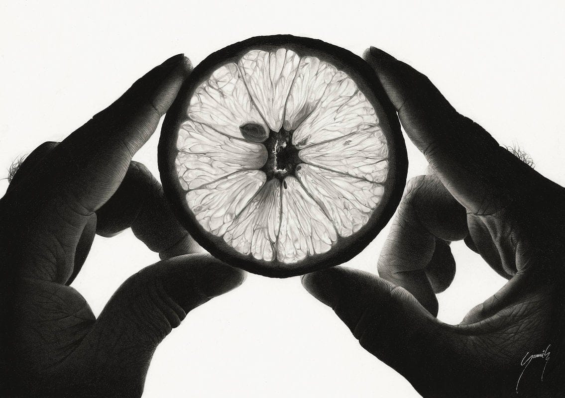 Citrus in Manibus by Dr. Samuel Owusu Achiaw, Graphite, charcoal, and carbon on grained paper