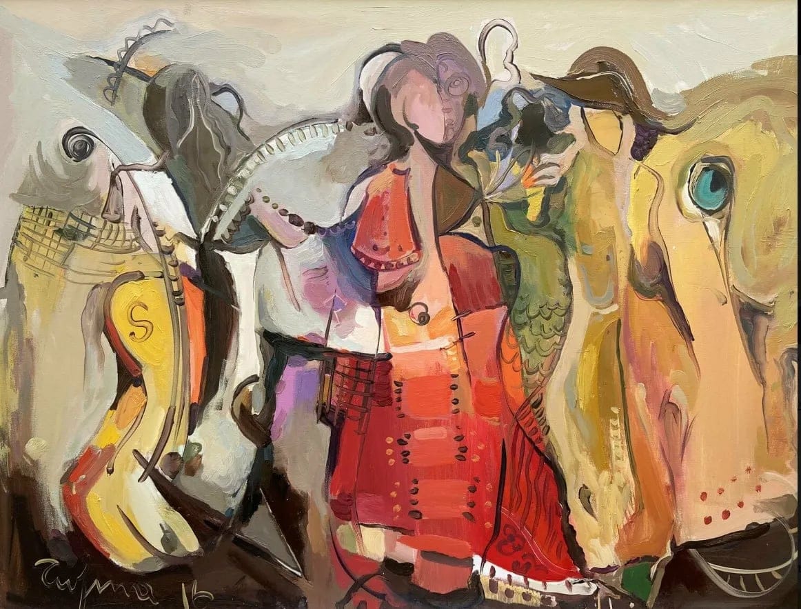 Devil gifts flowers by Fatmir Tufina, Oil on Canvas with pencil touches