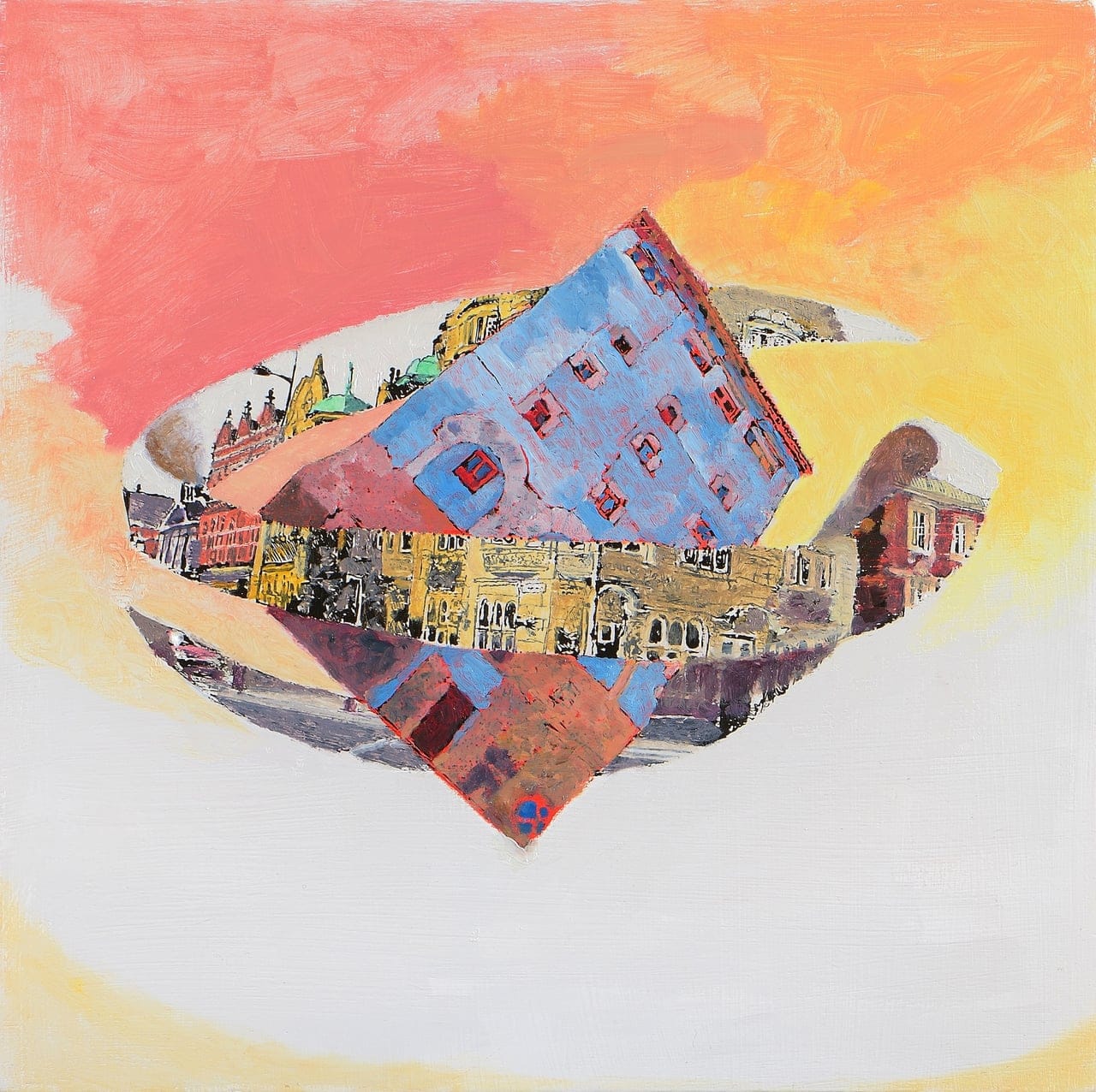 Spanish House / Liverpool Spin by Tanya Morand, Acrylic ink, acrylic paint and oil paint on a wooden panel, 2021